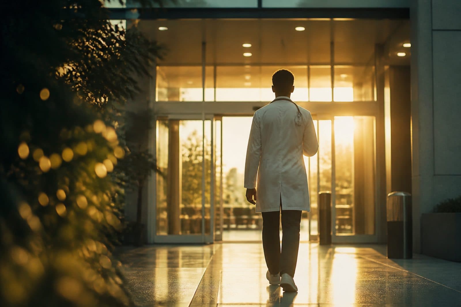 Resident approaching a brightly lit hospital entrance
